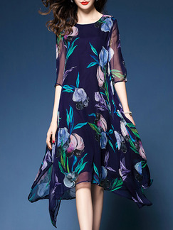 Blue Colorful Plus Size Loose A-Line Printed Round Neck See-Through Asymmetrical Hem Floral Midi Dress for Casual Party
