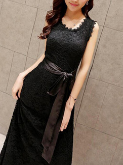Black Plus Size Slim Lace Round Neck Band Double Layer Maxi Dress for Party Evening Cocktail