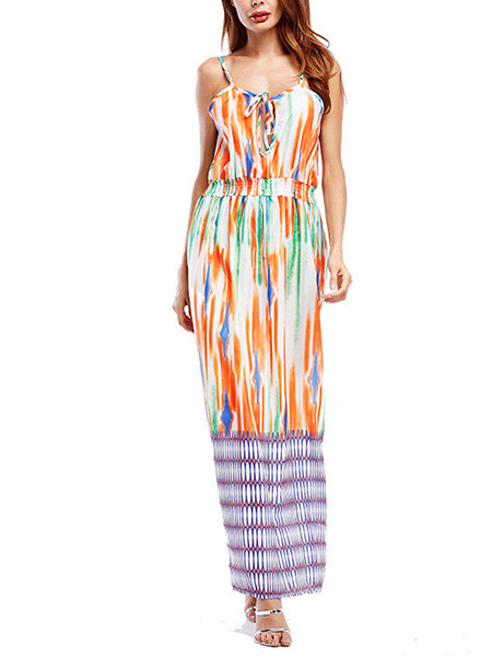 Colorful  Slim Printed Adjustable Waist Maxi Slip Dress for Cocktail Prom Ball