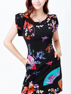 Black Colorful Bodycon Printed Pockets Above Knee Floral Dress for Casual Party Nightclub