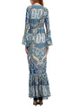 Blue Colorful Slim Printed Fishtail Maxi V Neck Long Sleeve Dress for Cocktail Party