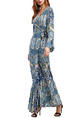 Blue Colorful Slim Printed Fishtail Maxi V Neck Long Sleeve Dress for Cocktail Party