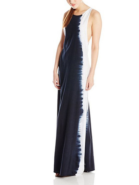 Navy Blue and White Slim Contrast Maxi Dress for Party Evening Cocktail