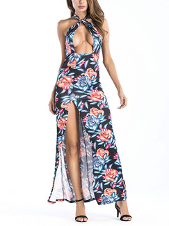 Colorful Slim Printed Furcal Maxi Halter Backless Floral Dress for Party Evening Cocktail