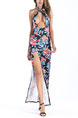 Colorful Slim Printed Furcal Maxi Halter Backless Floral Dress for Party Evening Cocktail