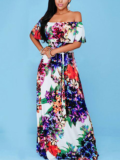 Colorful Slim Printed Ruffle Maxi Floral Off Shoulders Dress for Party Evening Cocktail Ball