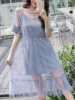 Light Purple Slim Grid Mesh Two-Piece Midi Dress for Casual Party