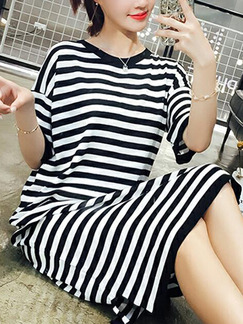 Black and White Loose Contrast Stripe Maxi Shift Dress for Casual