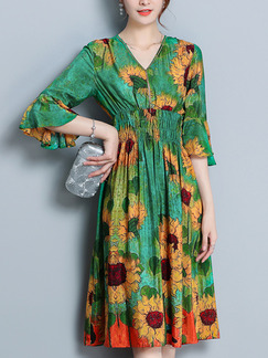 Green Yellow Colorful Loose Printed High Waist Knee Length Floral V Neck Dress for Casual Party