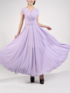 Purple Slim V Neck Chiffon Full Skirt Dress for Party Evening Bridesmaid Prom