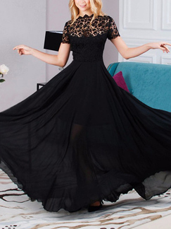 Black Slim Plus Size Full Skirt Round Neck Chiffon Lace Linking Maxi Dress for Party Evening Cocktail Prom