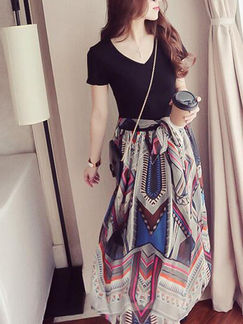 Black and Colorful Slim Plus Size Full Skirt Round Neck Seem-Two Chiffon Linking Printed Midi Dress for Casual Party Beach