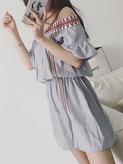Grey Slim Chiffon Off-Shoulder Embroidery Adjustable Waist Flare Sleeve Above Knee Dress for Casual Party