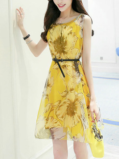 Yellow Two-Piece Chiffon Slim A-Line Printed Round Neck Double Layer Above Knee Dress for Casual Party