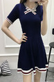 Blue Knitting Slim A-Line Contrast Linking Stripe Butterfly Knot Above Knee Dress for Casual Party
