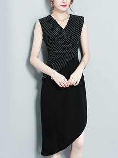 Black Slim Linking Stripe Asymmetrical Knee Length Dress for Evening Party Office