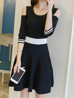Black and White Slim Contrast Off-Shoulder Above Knee Fit & Flare Plus Size Dress for Casual Party