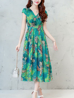 Green Colorful Slim Printed Midi Plus Size V Neck Dress for Casual Party