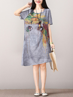 Navy Blue Loose Located Printing Knee Length Shift Dress for Casual