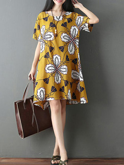 Colorful Yellow Loose Printed Above Knee Shift Plus Size Dress for Casual Party