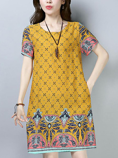 Yellow Colorful Loose Printed Above Knee Shift Dress for Casual