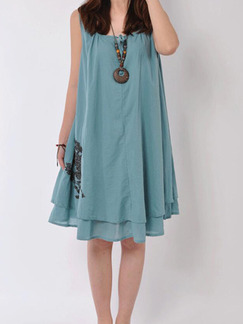 Blue Loose Embroidery Midi Dress for Casual