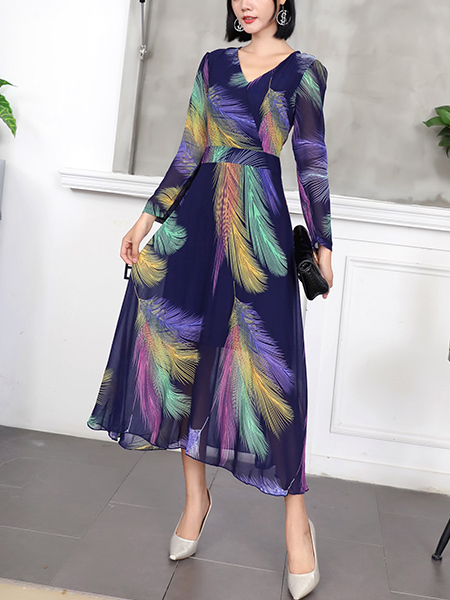 Colorful Long Sleeve Maxi Fit & Flare V Neck Plus Size Dress for Party Evening Cocktail