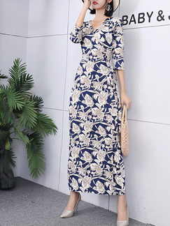 Blue and White Maxi Sheath V Neck Floral Plus Size Dress for Party Evening Cocktail