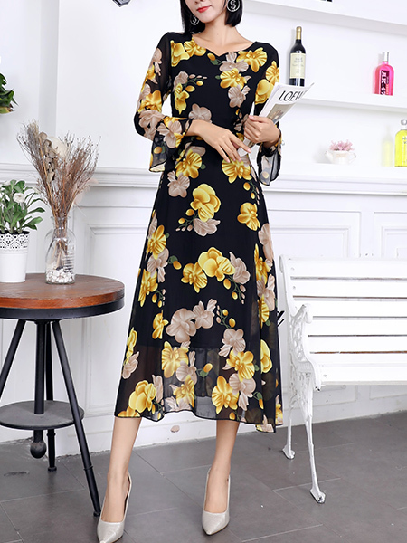 Black And Yellow Floral Midi Long Sleeve Dress For Party Evening 