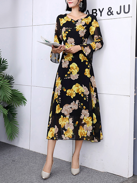 Black and Yellow Floral Midi Long Sleeve Dress for Party Evening ...