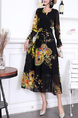 Black Yellow Colorful Fit & Flare Midi Plus Size Long Sleeve Dress for Party Evening Cocktail
