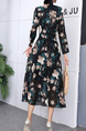 Black Colorful Floral Long Sleeve Fit & Flare Midi V Neck Dress for Party Evening Cocktail