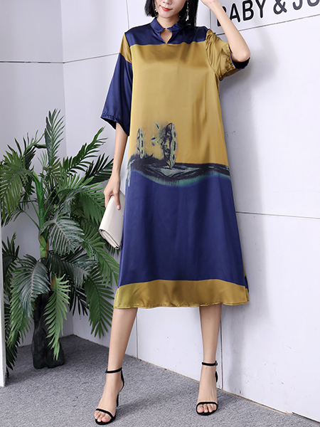 Yellow And Blue Shift Midi Plus Size Dress for Party Evening Cocktail