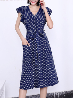Blue and White Midi Button Down Ribbon V Neck Polkadot Dress for Casual Party Office Evening