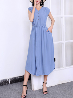 Blue V Neck Midi Button Down Dress for Casual Party Office Evening