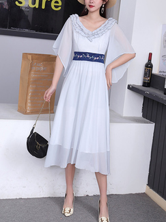 Blue Midi Plus Size V Neck Dress for Casual Party Evening