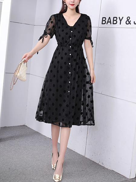 Black Knee Length V Neck Dress for Casual Party Office Evening