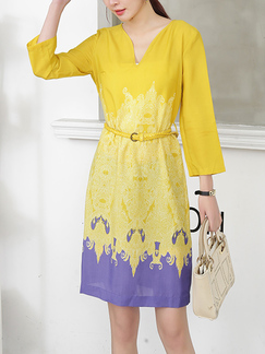 Blue and Yellow V Neck Long Sleeve Above Knee Plus Size Dress for Casual Party Office Evening