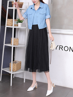 Blue and Black Collared Midi Dress for Casual Party Office