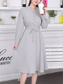 Grey Button Down Ribbon Fit & Flare Knee Length Long Sleeve Dress for Casual Party Office