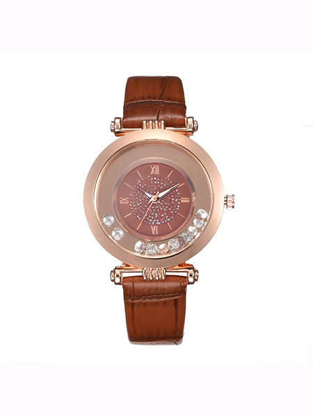 Brown Leather Band Rhinestone Quartz Watch