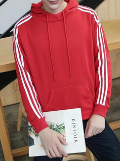 Red and White Plus Size Knitted Contrast Three Bars Hooded Drawstring Men Jacket for Casual Sports