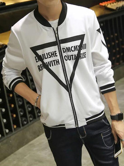 White Plus Size Contrast Ribbed Stand Collar Letter Pattern Zipped Located Printing Men Jacket for Casual