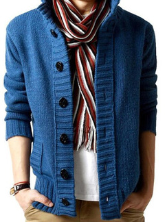 Blue Plus Size Knitted Stand Collar Buttons Pockets  Men Cardigan for Casual