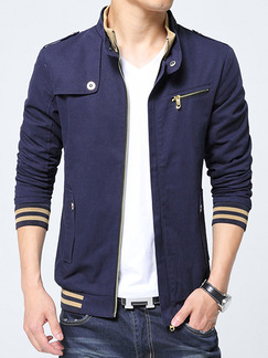 Blue Plus Size Slim Contrast Stand Collar Zipper Front Pockets Long Sleeve Men Jacket for Casual