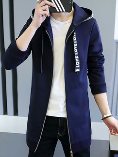 Blue Plus Size Slim Contrast Ribbon Hooded Pockets Long Sleeve Men Jacket for Casual