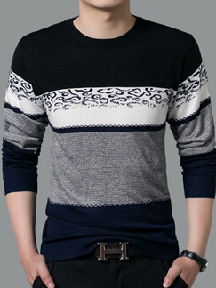 Blue Grey and White Plus Size Slim Knitting Contrast Round Neck  Men Sweater for Casual