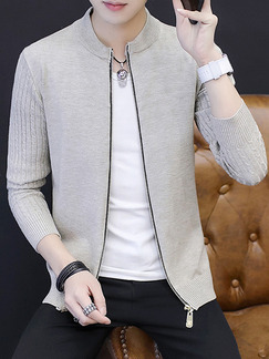 Grey Plus Size Slim Knitting Stand Collar Zipper Front Long Sleeve Men Cardigan for Casual