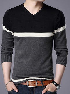 Black White and Grey Plus Size Slim Contrast V Neck Long Sleeve Men Sweater for Casual