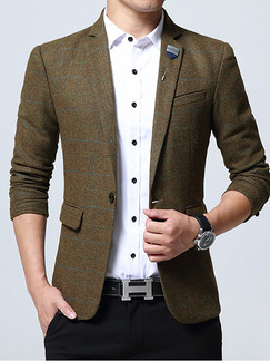 Brown Plus Size Slim Contrast Grid Lapel Pockets Furcal Back Long Sleeve Men Suit for Office Party Evening